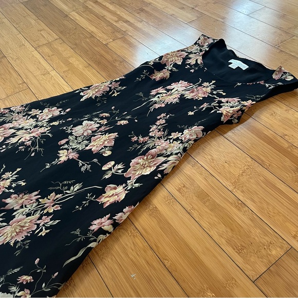 Vintage 100% Silk Casual Corner Black Floral Midi Dress Y2K Whimsigoth - Picture 4 of 11
